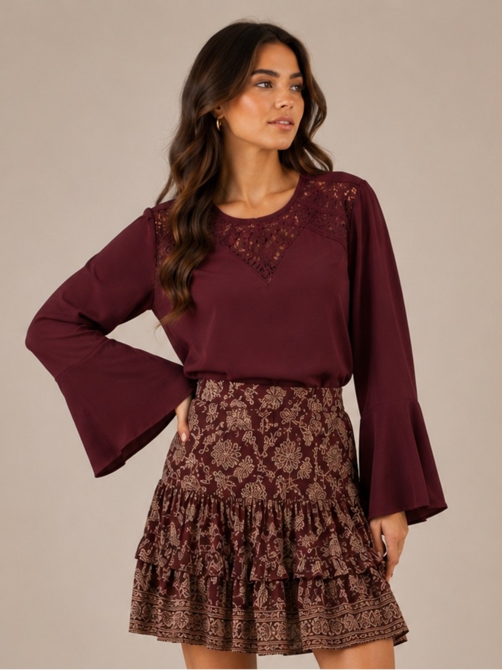 41 Hawthorn Burgundy Lace-Inset Bell Sleeve Blouse